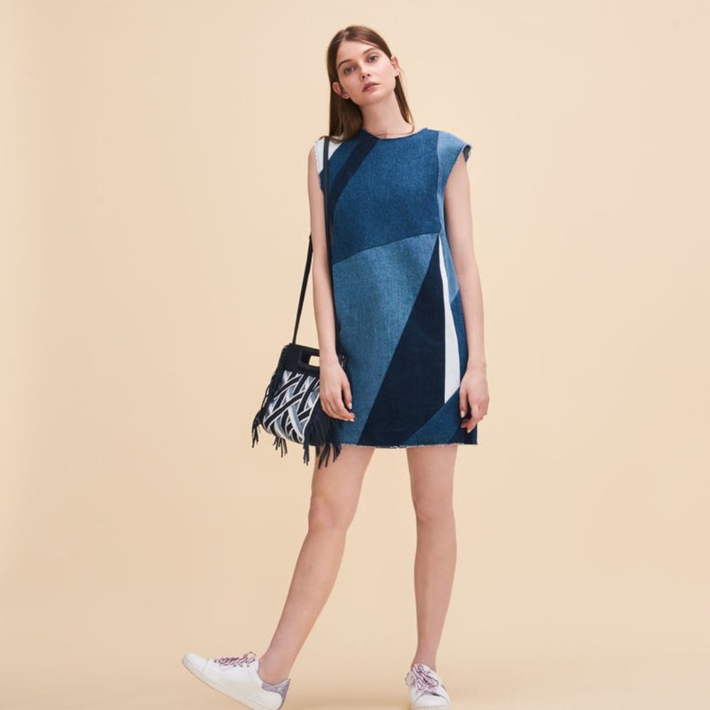 Maje Denim Patchwork Shift Dress (NWOT)